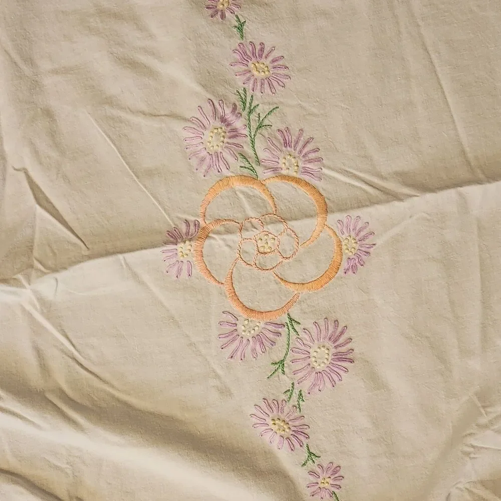 Vintage Hand Embroidered Floral Cottage White 101